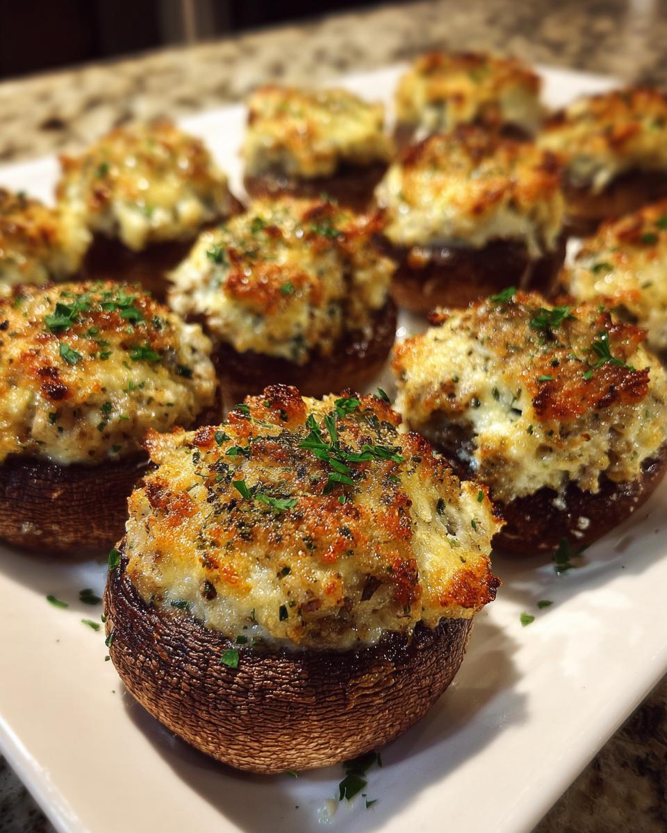 A close-up of several baked sausage stuffed mushrooms, topped with golden-brown cheese and fresh parsley.