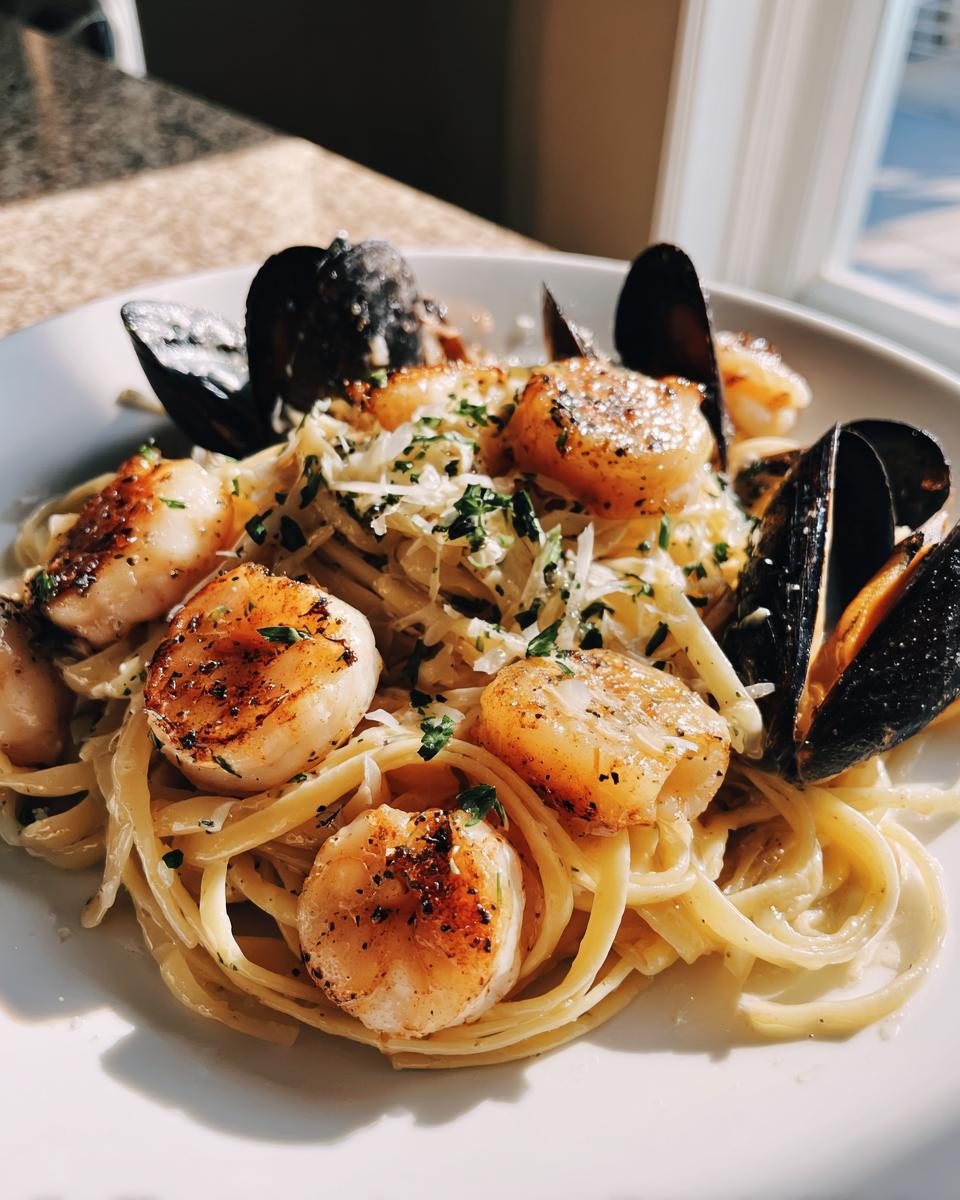 Close-up of creamy seafood pasta topped with seared scallops and black mussels, garnished with cheese and parsley.