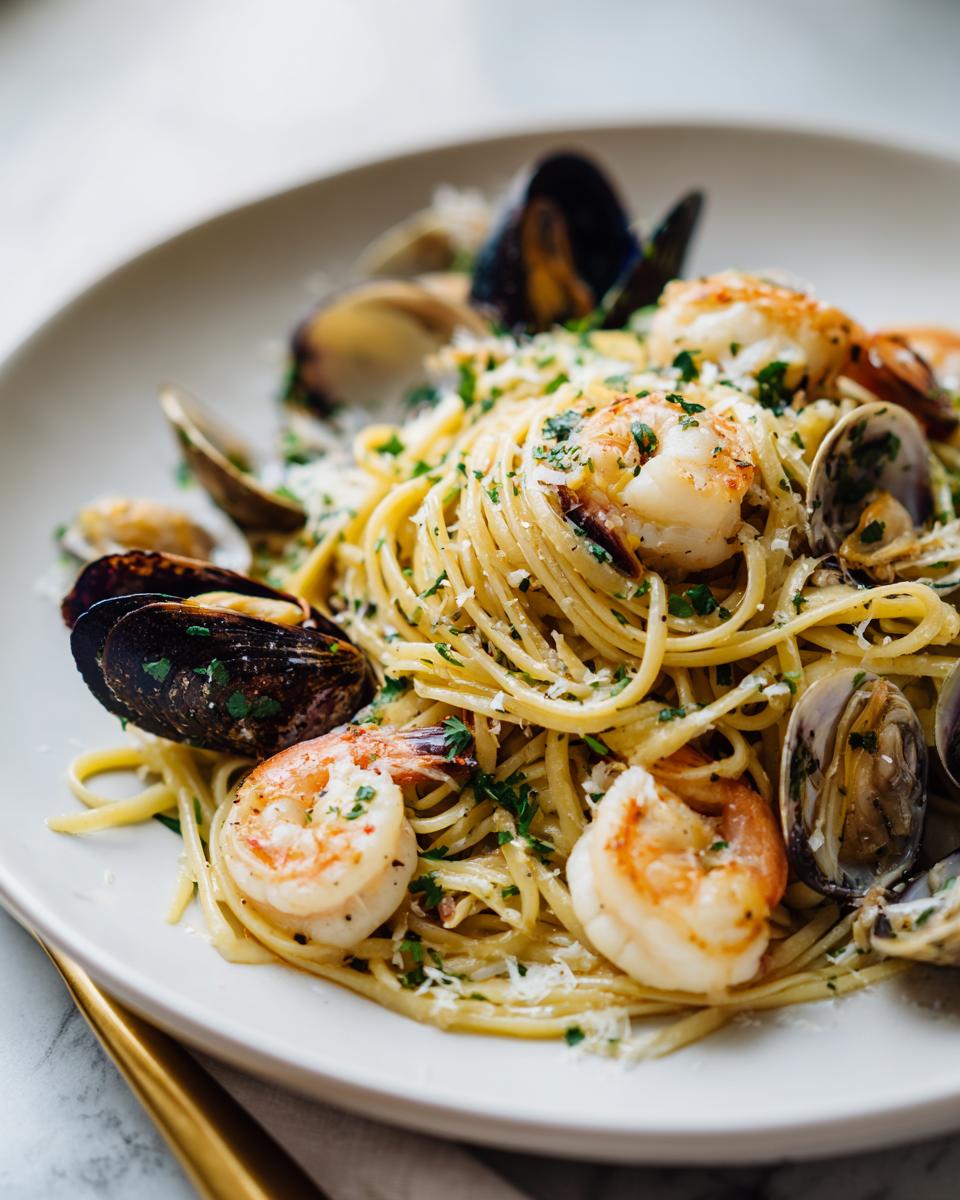A plate of delicious seafood pasta featuring shrimp, mussels, and clams tossed in a light sauce and topped with Parmesan cheese.