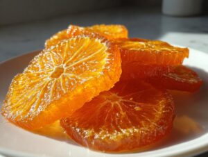 Close-up of glistening, bright orange candied orange slices stacked on a white plate, catching the sunlight.