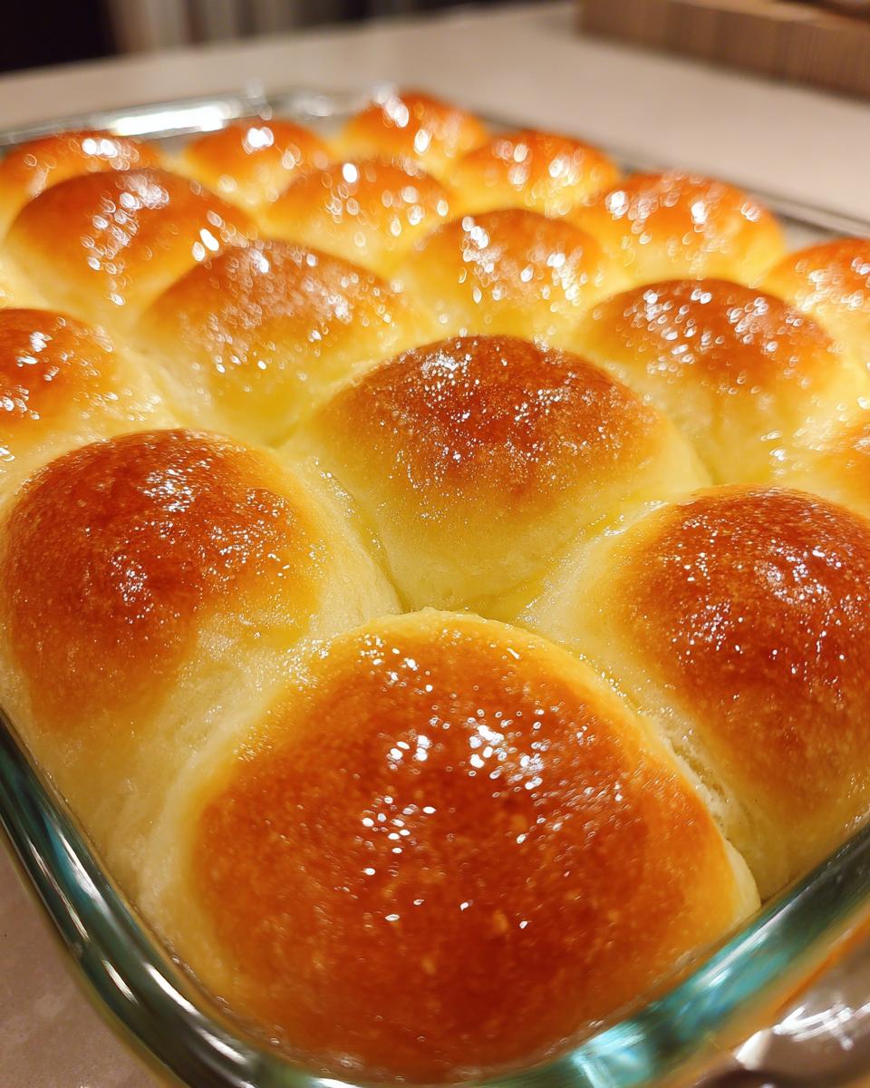 Close-up of freshly baked, golden-brown soft rolls glistening with a sweet glaze in a glass baking dish.