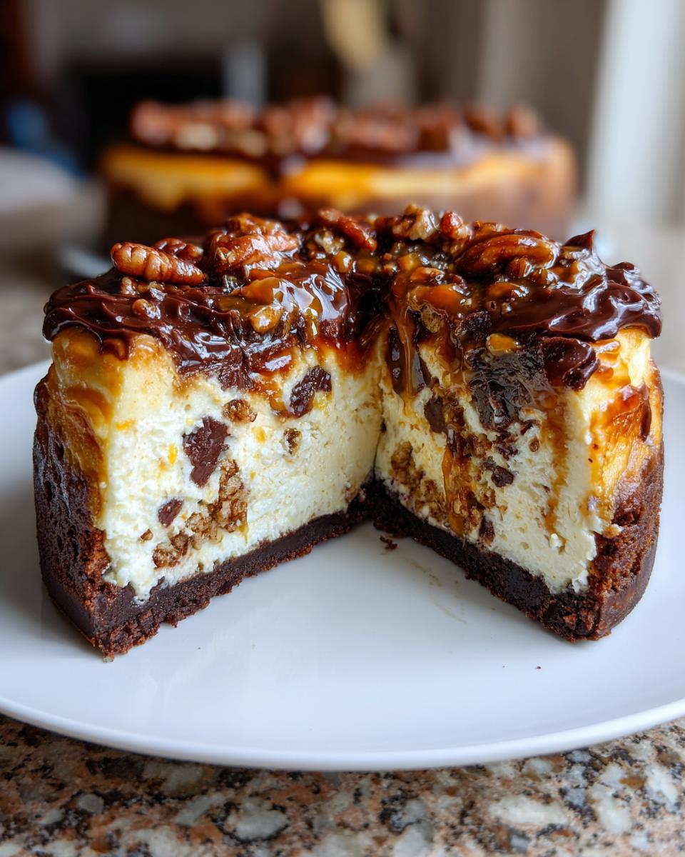 A slice of turtle cheesecake cut in half, showing the creamy filling, chocolate crust, pecans, caramel, and chocolate topping.