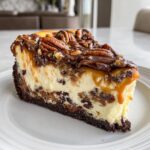A decadent slice of turtle cheesecake featuring a dark crust, creamy filling, caramel drizzle, and whole pecans on top.