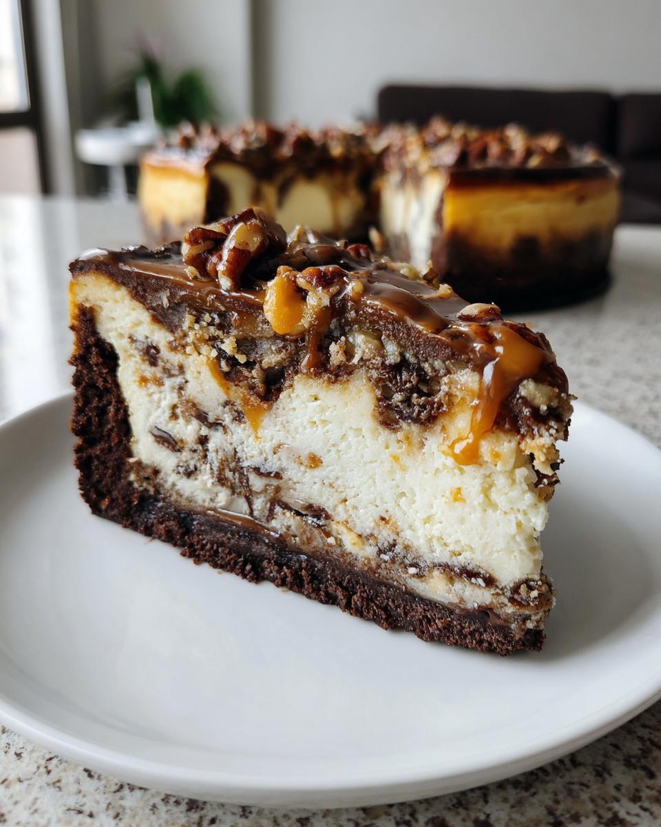 A decadent slice of turtle cheesecake featuring a dark crust, creamy filling, caramel drizzle, and pecans.