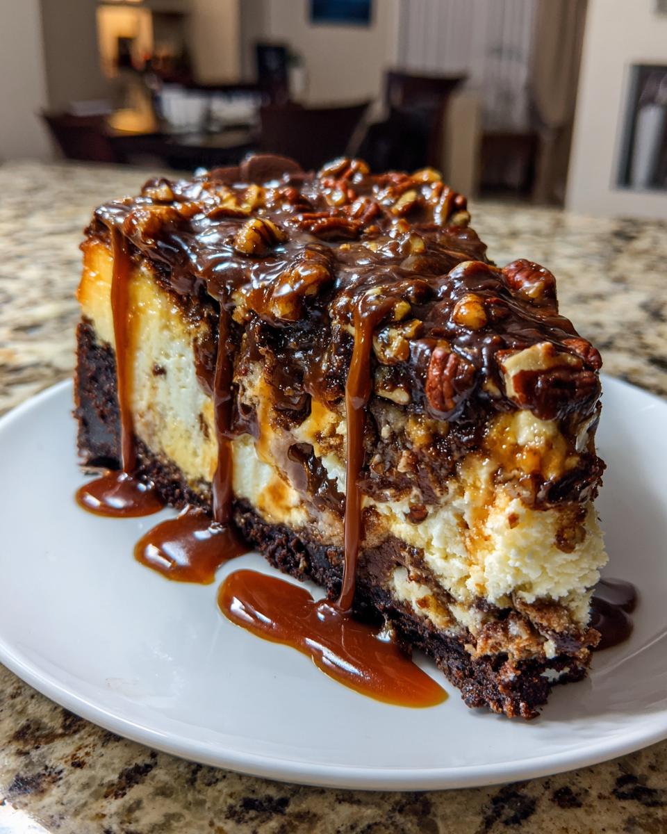 A rich slice of turtle cheesecake featuring a brownie base, creamy filling, and dripping with caramel and pecans.