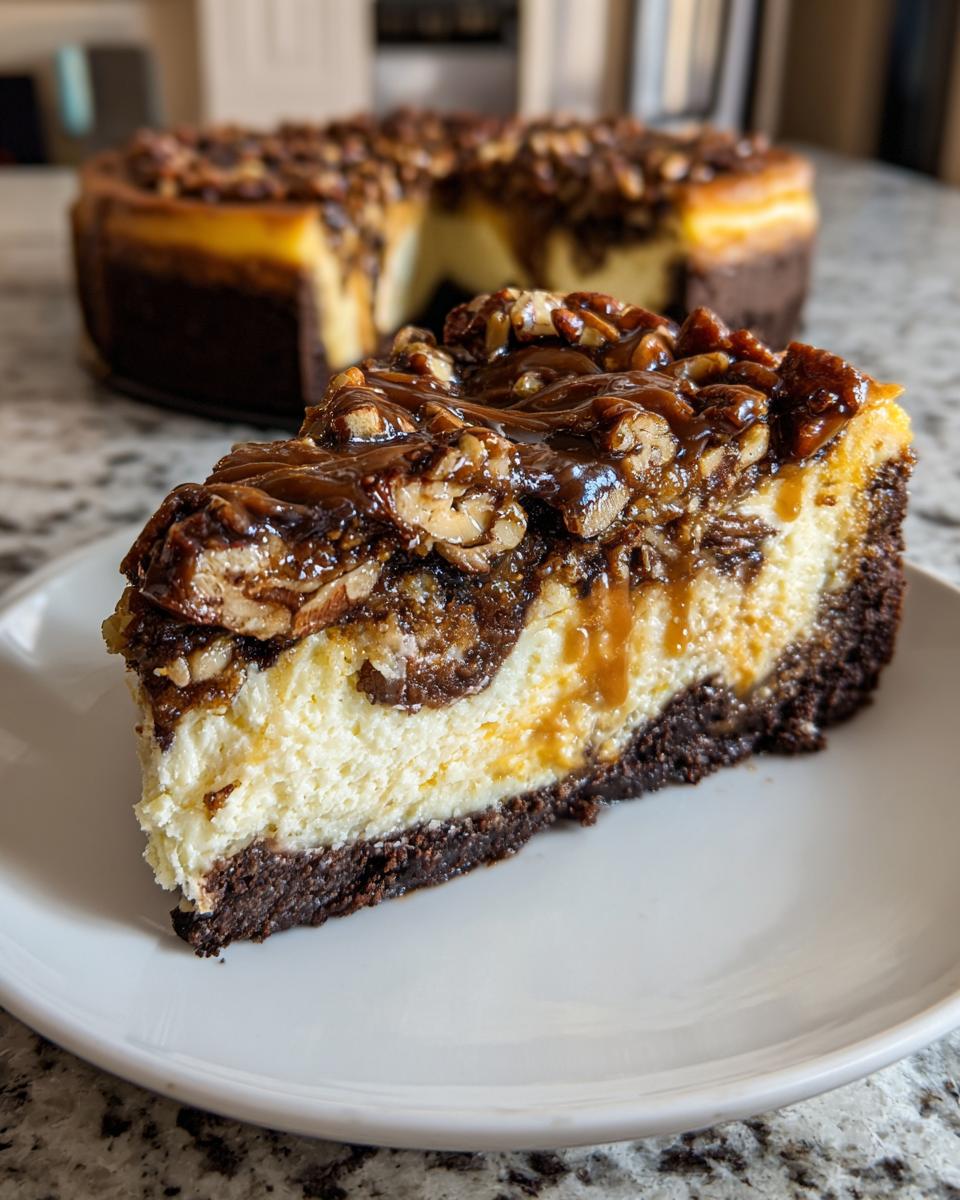 A decadent slice of turtle cheesecake featuring a thick chocolate crust, creamy filling, and topped with caramel and pecans.