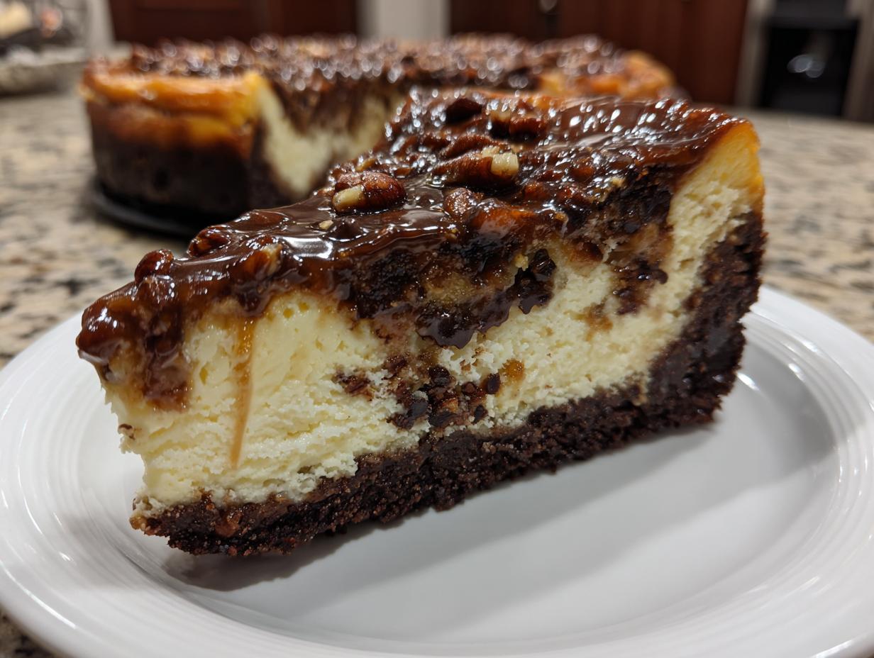 A generous slice of showstopper turtle cheesecake featuring a dark crust, creamy filling, and rich caramel pecan topping.