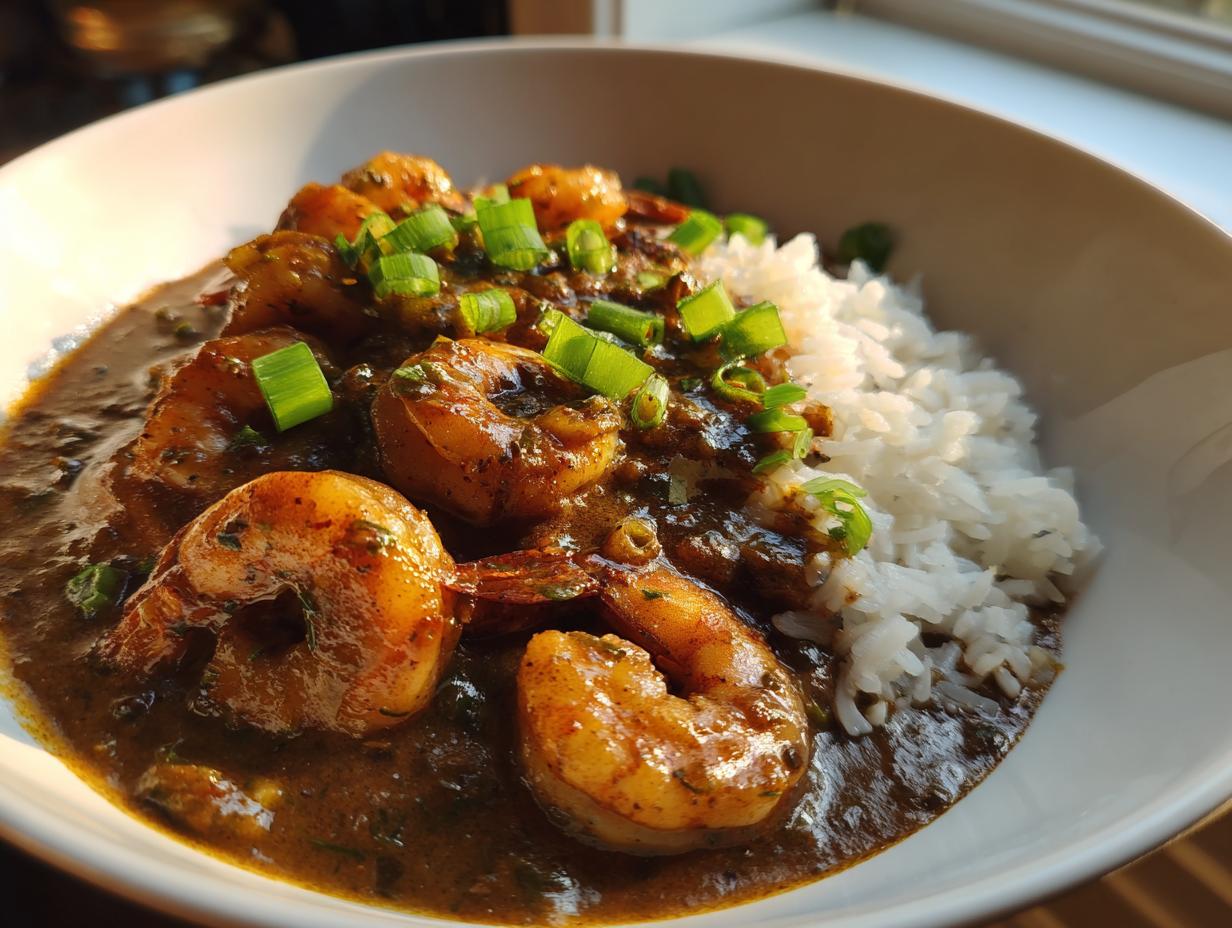 A close-up of a bowl of dark, rich shrimp etouffee served alongside fluffy white rice and garnished with green onions.