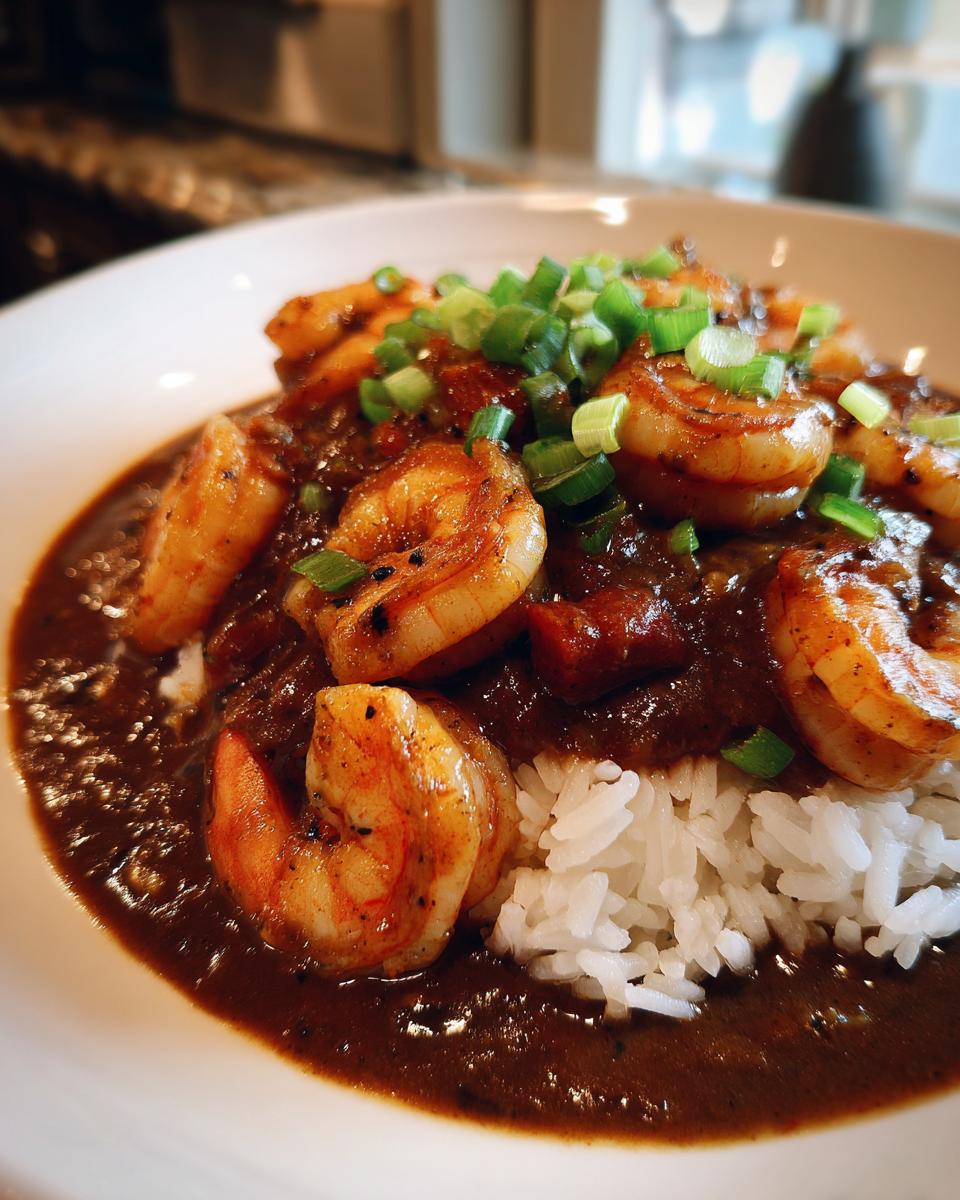 A close-up shot of perfectly cooked shrimp etouffee served over white rice and garnished with fresh green onions.