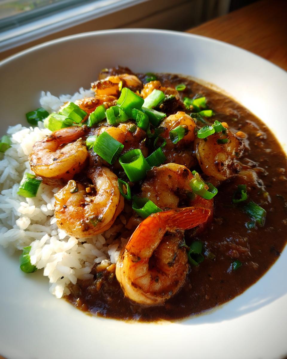 Close-up of a bowl of rich, dark shrimp etouffee served over fluffy white rice and topped with fresh green onions.