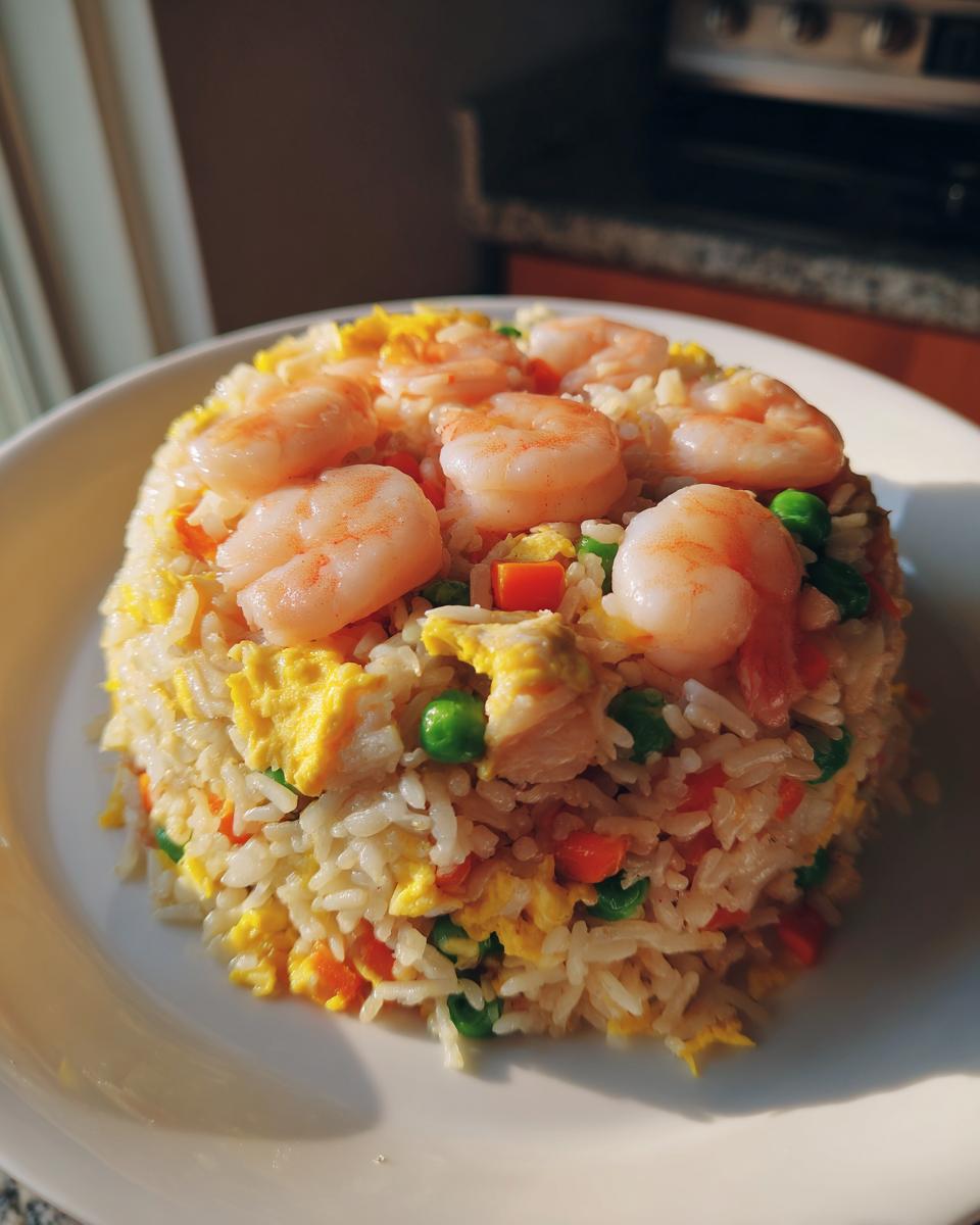 A perfectly molded serving of shrimp fried rice recipe featuring visible shrimp, scrambled egg, peas, and carrots.