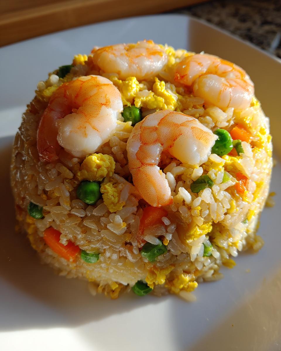 A molded serving of shrimp fried rice recipe topped with four large cooked shrimp, visible peas, carrots, and scrambled egg.