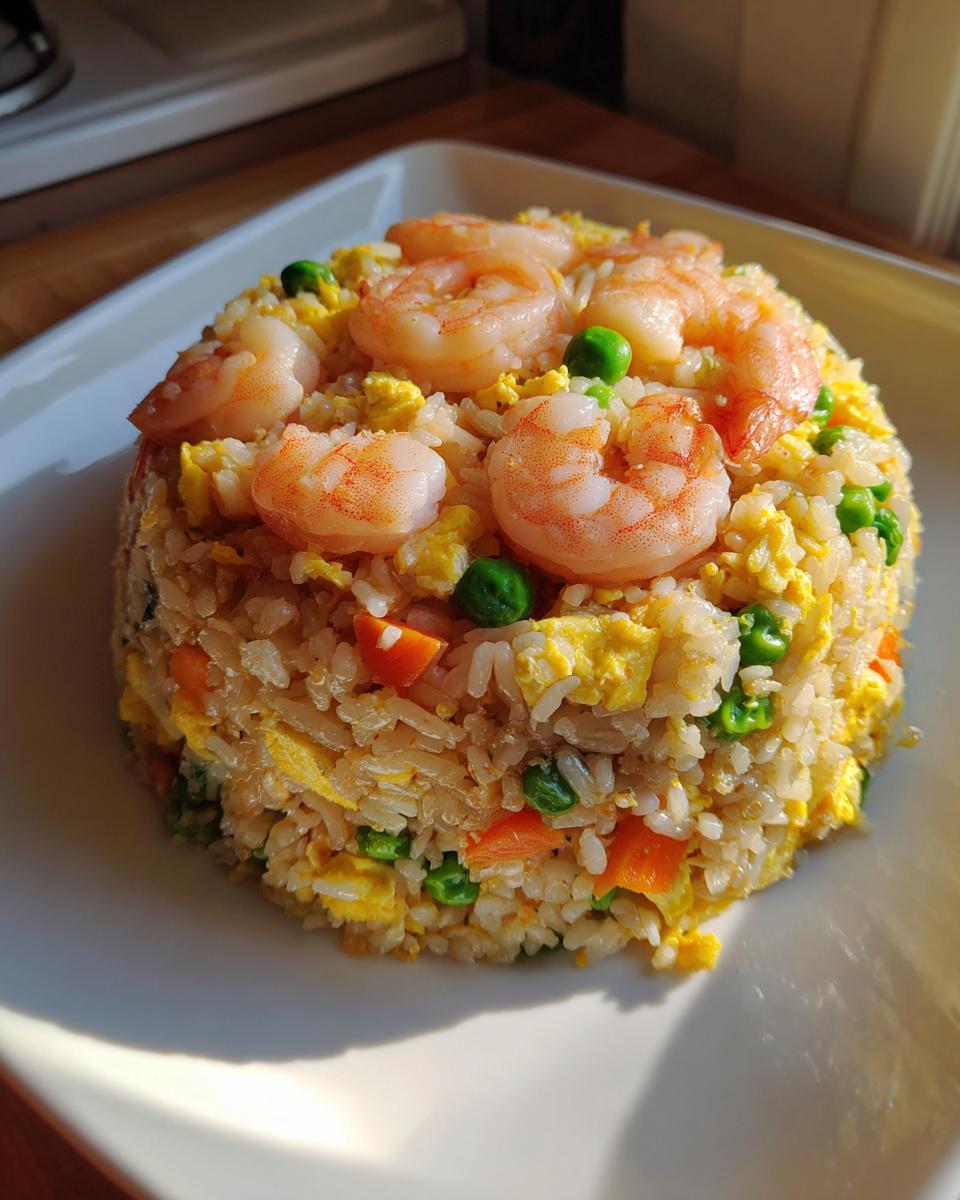A molded serving of delicious shrimp fried rice recipe topped with whole pink shrimp, peas, and scrambled egg.