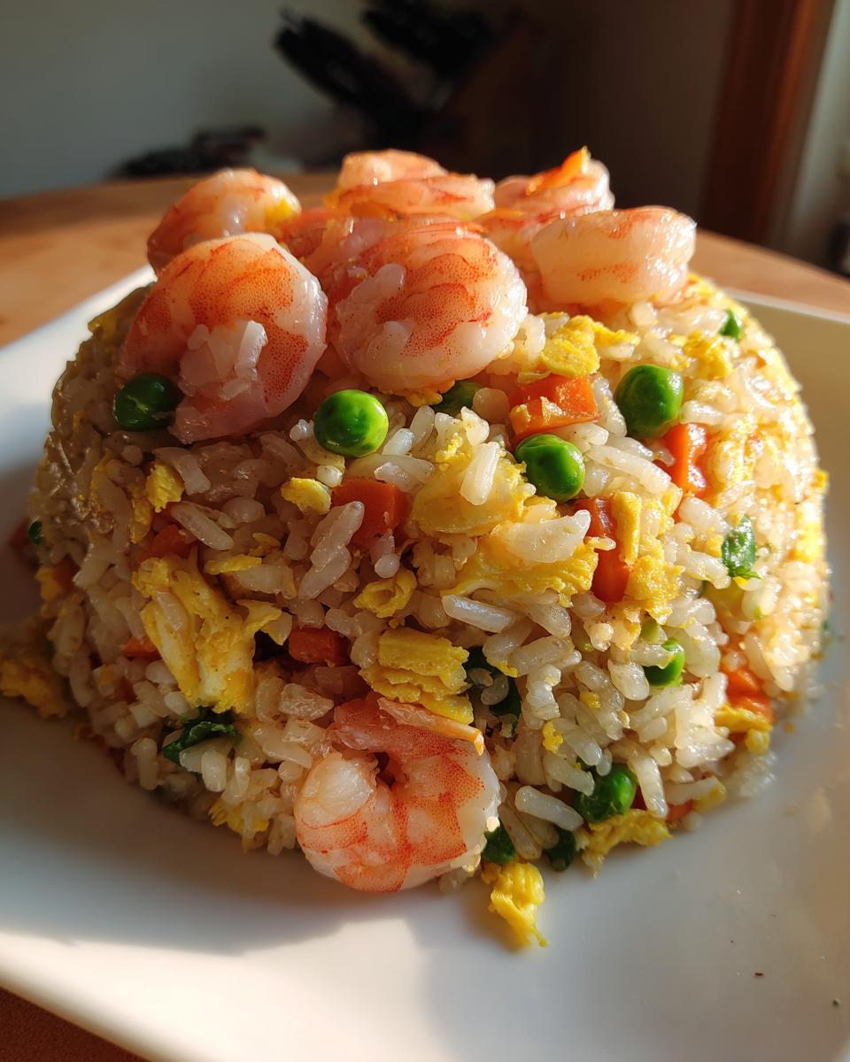 A dome-shaped serving of shrimp fried rice recipe topped with plump cooked shrimp, peas, and scrambled egg.