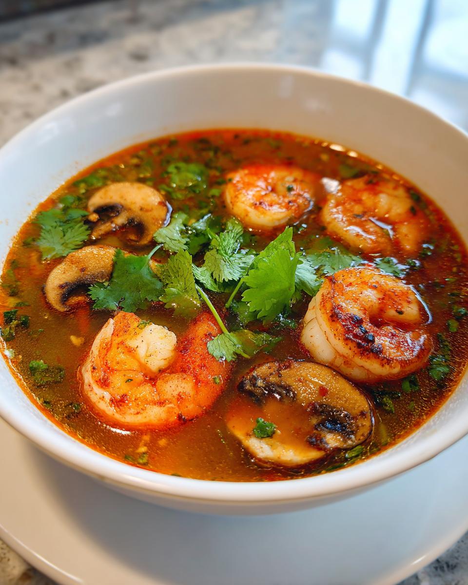 A close-up view of a vibrant bowl of tom yum soup featuring large, seasoned shrimp and sliced mushrooms, garnished with fresh cilantro.
