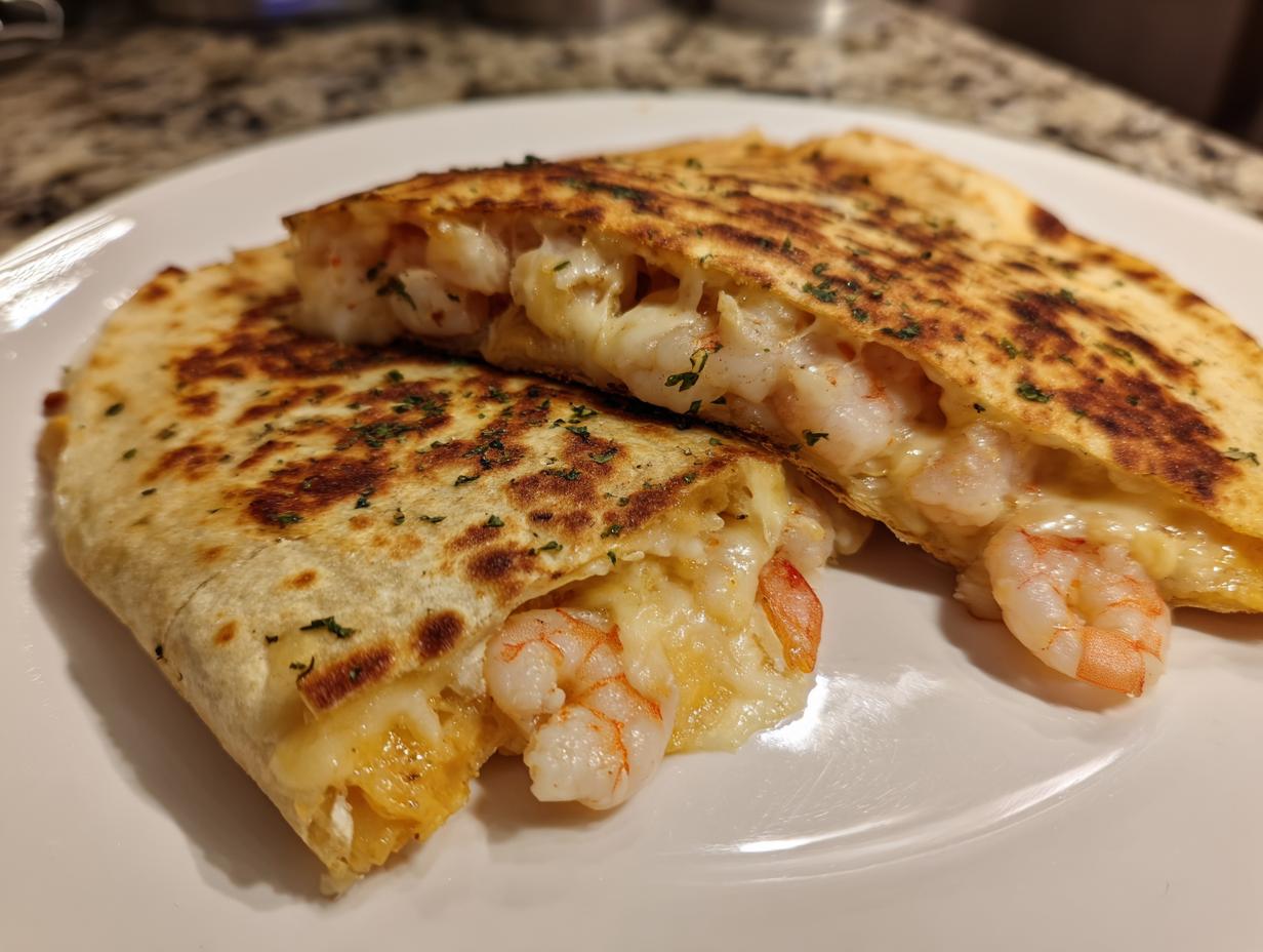 Close-up of a perfectly grilled shrimp quesadilla, cut in half, showing melted cheese and plump shrimp filling.