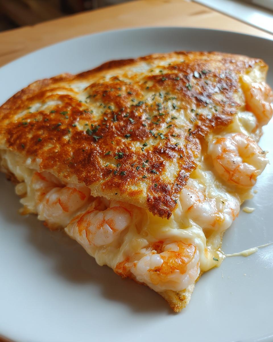 Close-up of a folded shrimp quesadilla slice, showing melted cheese and pink shrimp spilling out, topped with herbs.