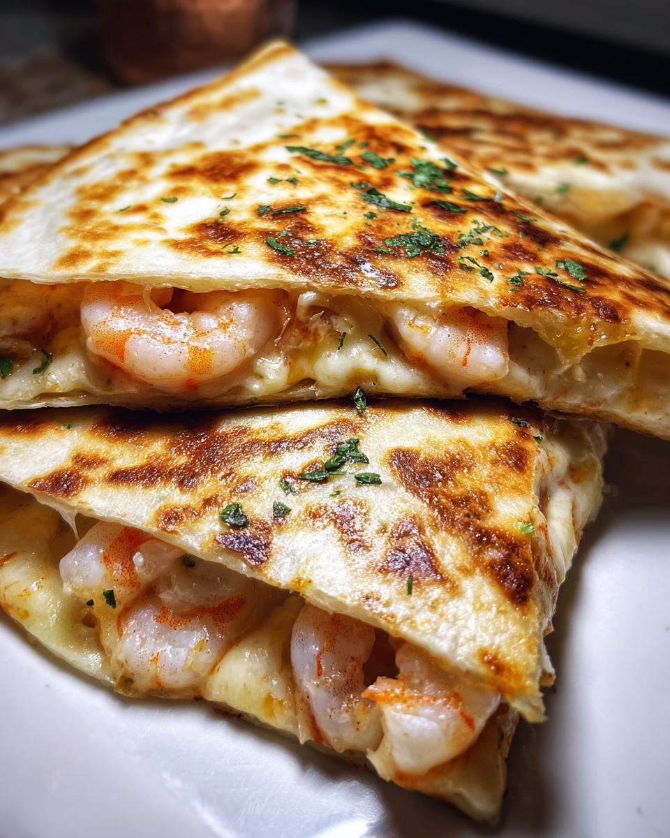 Close-up of two stacked, golden-brown shrimp quesadilla wedges overflowing with melted cheese and pink shrimp.