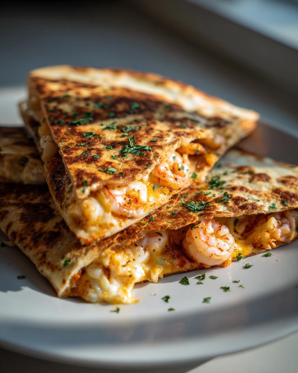 Two stacked, golden brown slices of shrimp quesadilla oozing with melted cheese and seasoned shrimp, garnished with parsley.