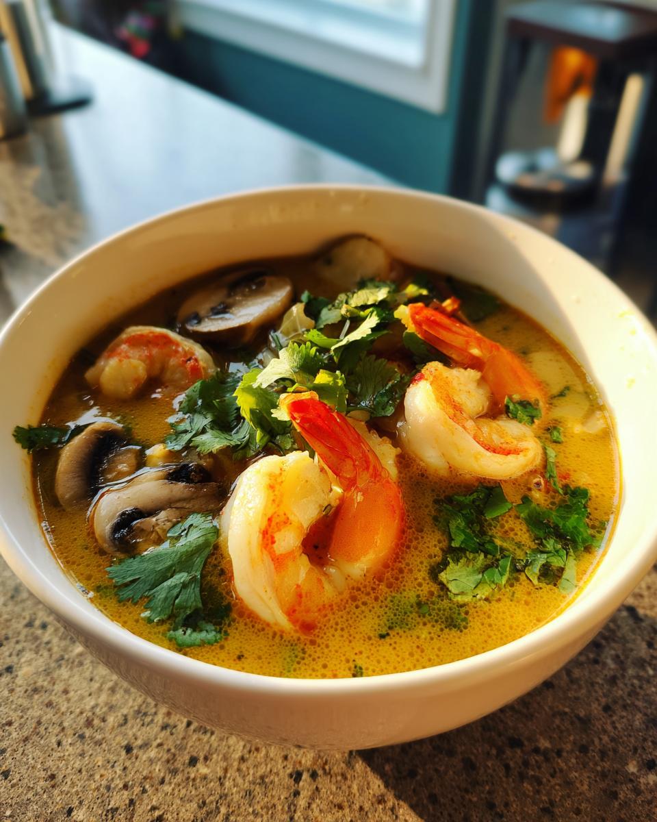 Close-up of a white bowl filled with vibrant yellow tom yum soup featuring large shrimp and sliced mushrooms, garnished with cilantro.