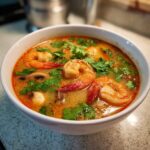 A close-up shot of a white bowl filled with vibrant, creamy tom yum soup, featuring large shrimp and fresh cilantro.