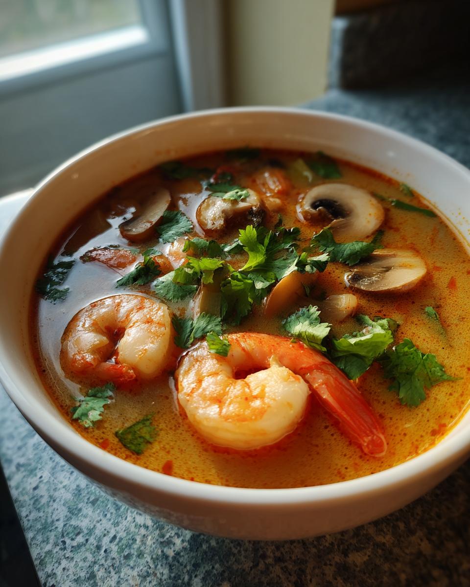 A close-up of a white bowl filled with vibrant, orange-colored tom yum soup, featuring large shrimp, sliced mushrooms, and fresh cilantro.