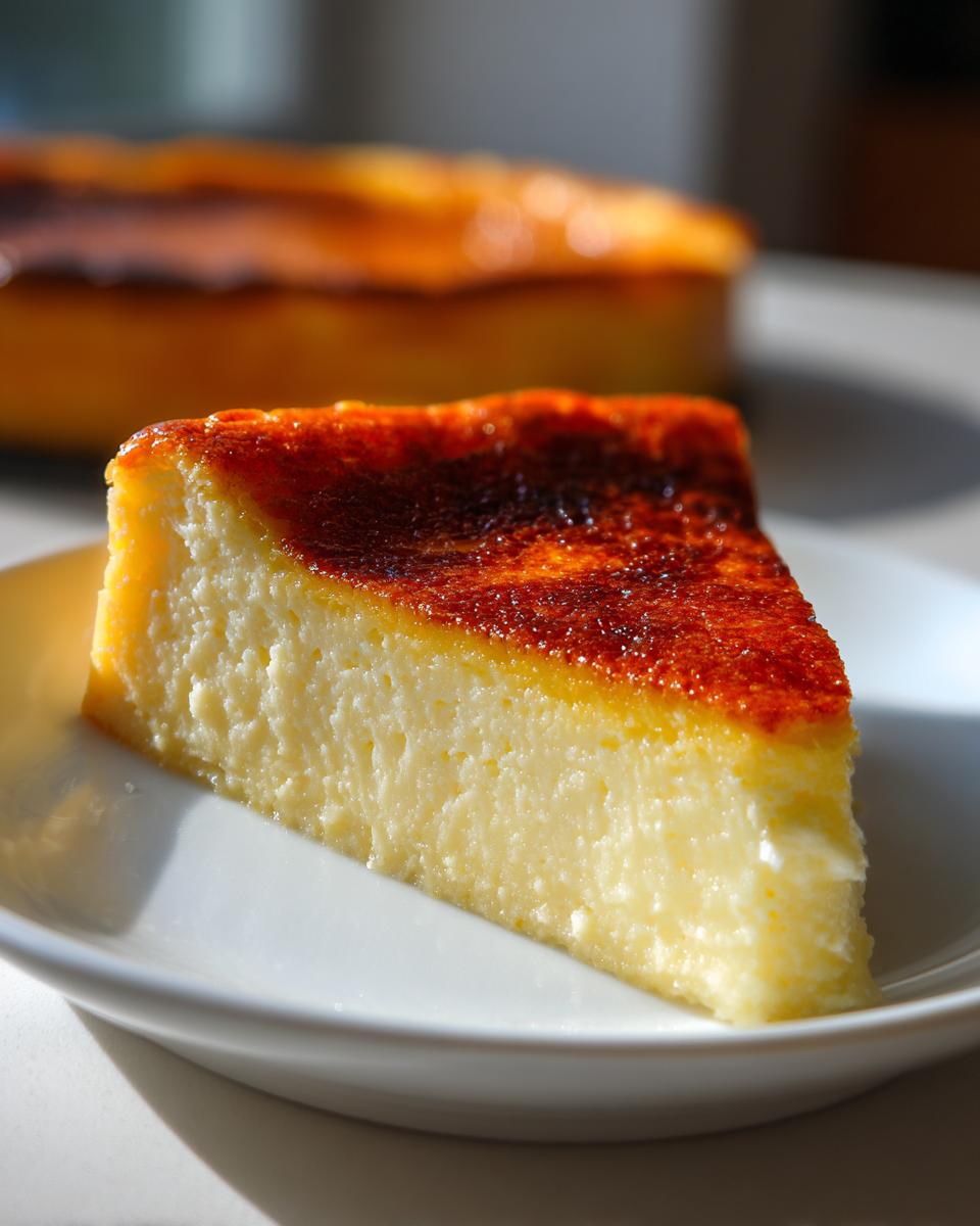 A perfect slice of silky egg custard with a deeply caramelized top, served on a white plate.