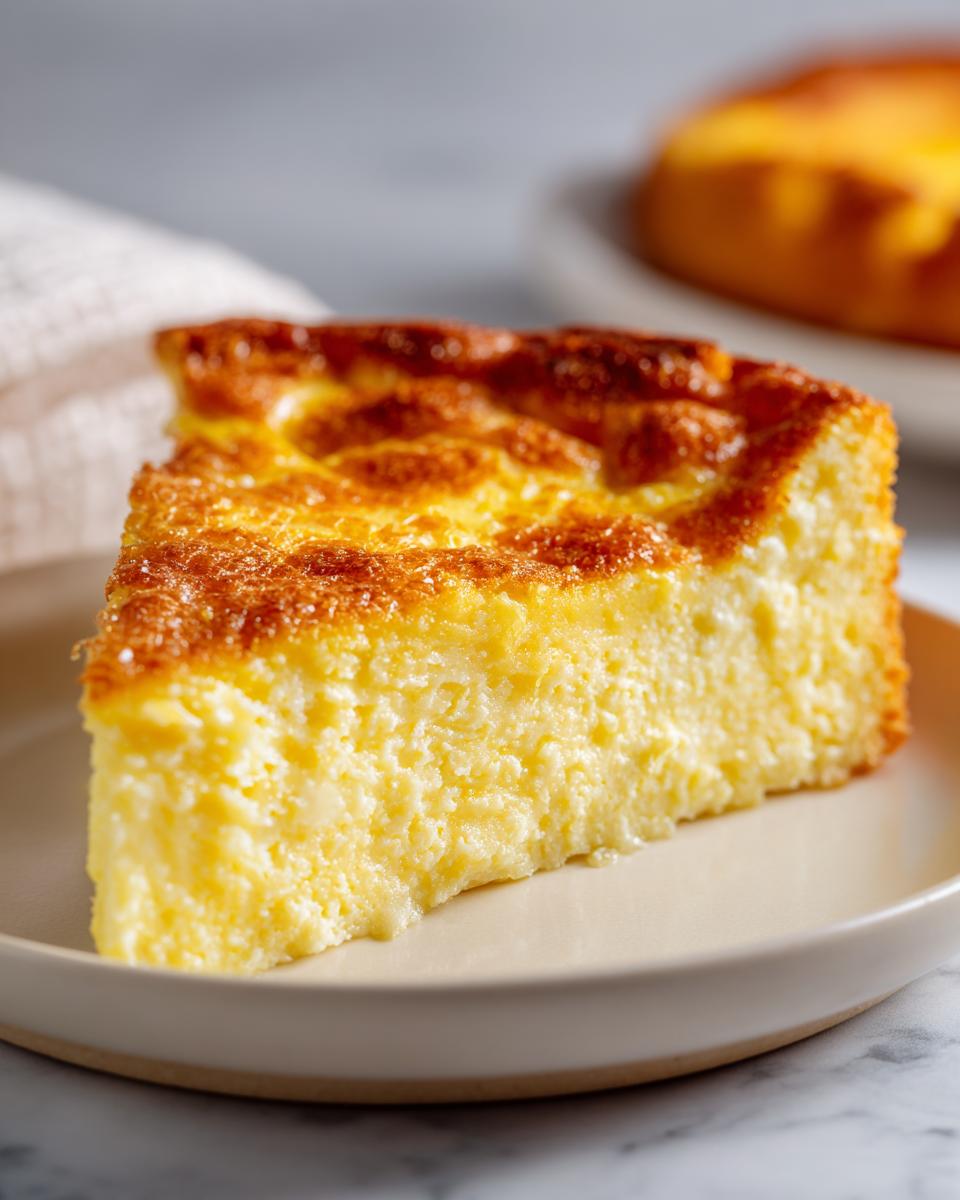 A thick, creamy slice of silky egg custard with a deeply caramelized, golden brown top, served on a light plate.