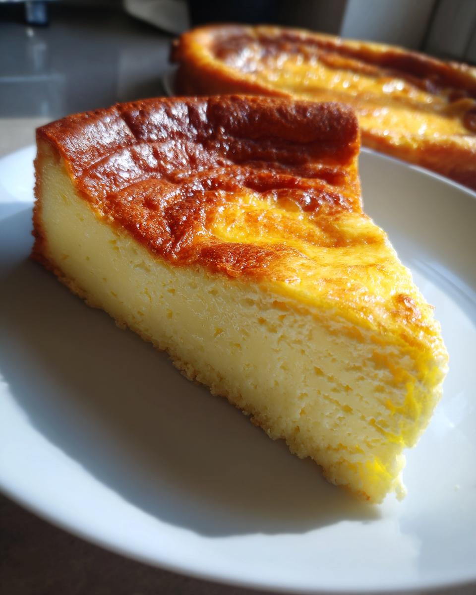 A thick slice of silky egg custard with a deeply caramelized, golden brown top, served on a white plate.