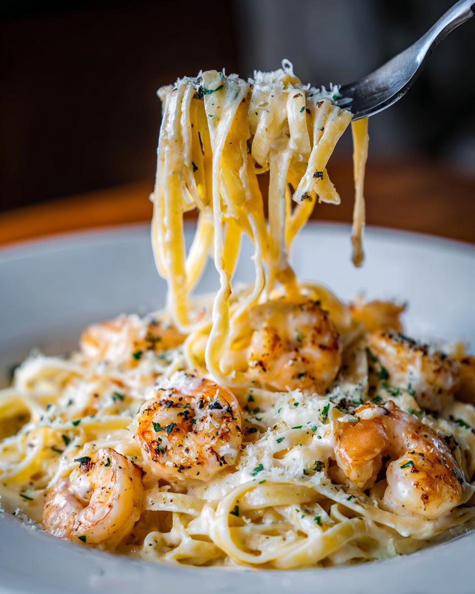 Close-up of creamy shrimp alfredo pasta, with fettuccine noodles coated in sauce being lifted by a fork.