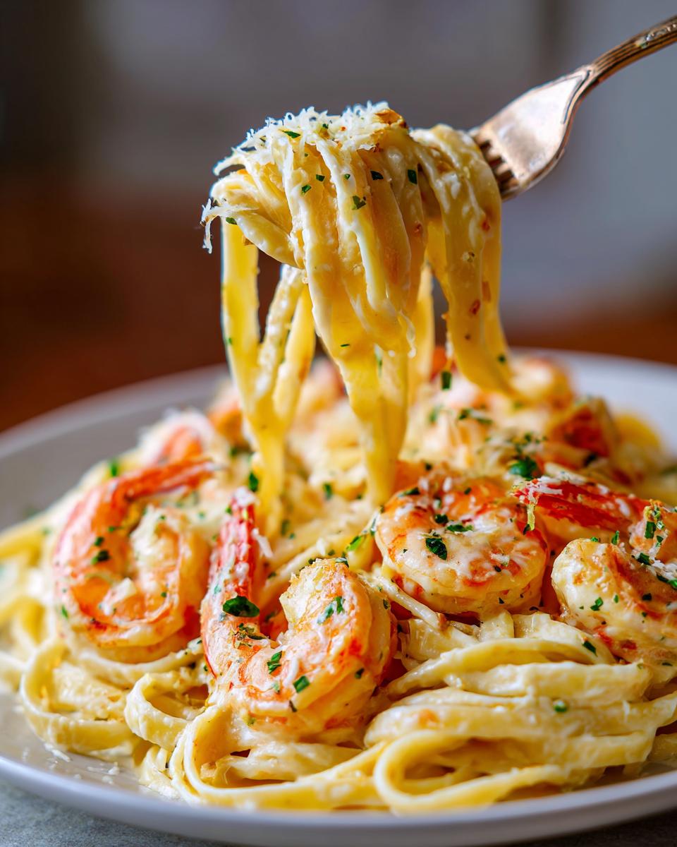 A fork lifts creamy fettuccine noodles coated in sauce from a plate of shrimp alfredo, garnished with Parmesan and parsley.