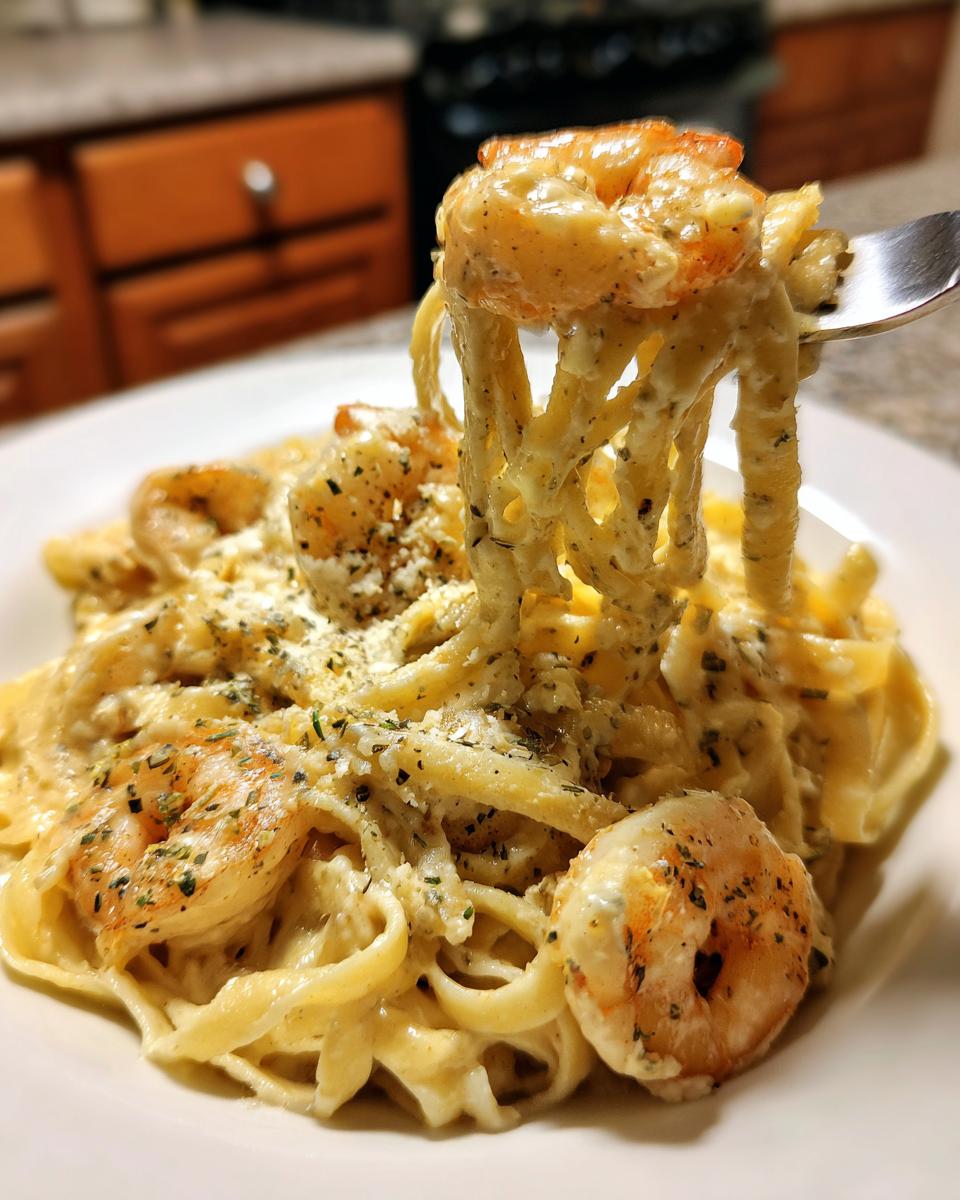 A fork lifts a twirl of fettuccine noodles coated in creamy sauce and a shrimp from a plate of shrimp alfredo.
