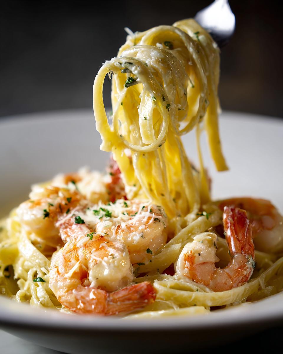 Close-up of a fork lifting creamy fettuccine noodles from a bowl of shrimp alfredo, topped with parmesan cheese.