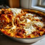 A spoonful of cheesy, saucy skillet lasagna being lifted from the pan, showing long cheese pulls.