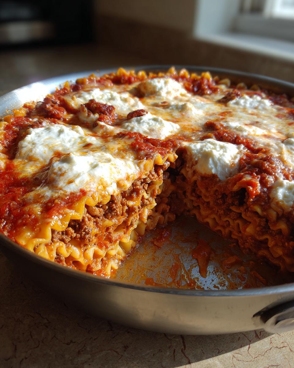 Cross-section view of a rich, cheesy skillet lasagna with layers of meat sauce and ricotta cheese in a metal pan.