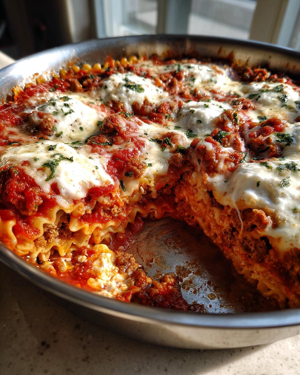 A portion has been removed from a round pan of cheesy skillet lasagna showing layers of pasta, meat sauce, and ricotta.