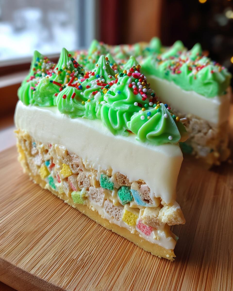 A close-up slice of christmas tree cheesecake featuring a colorful cereal layer and green frosting trees.