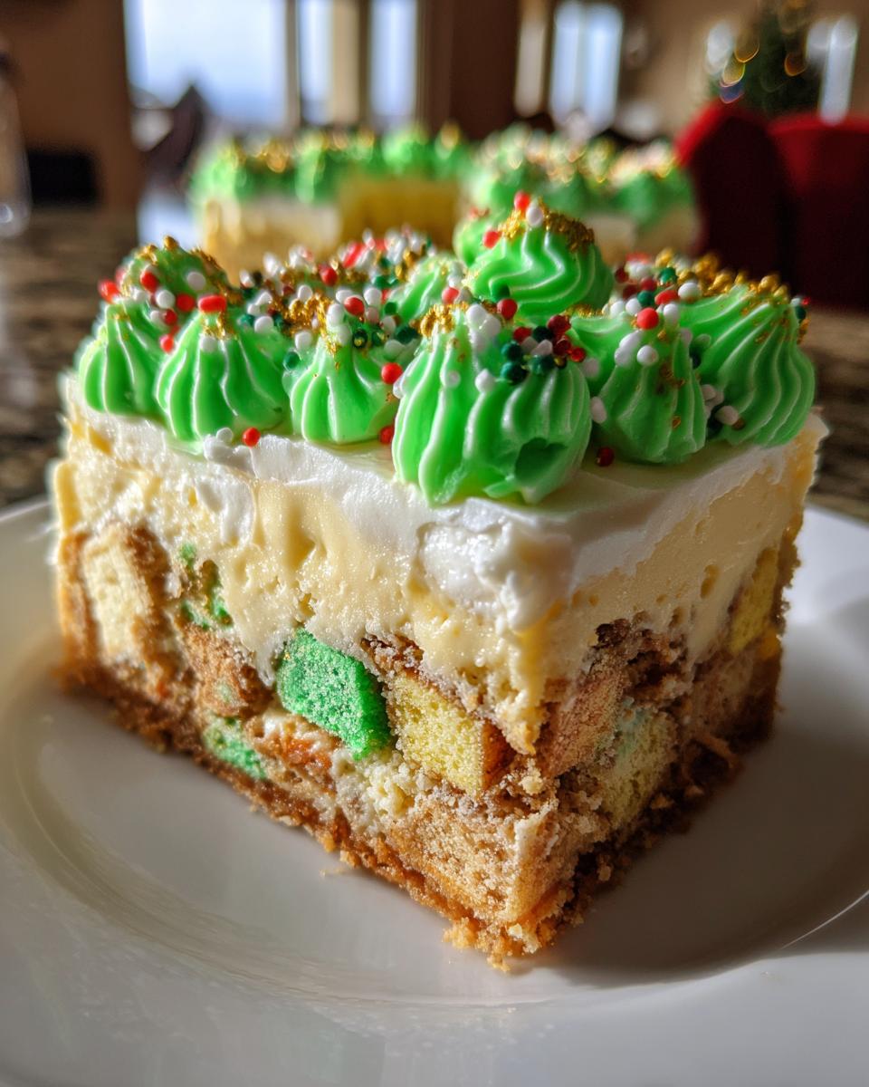 Close-up of a slice of christmas tree cheesecake featuring green frosting, sprinkles, and colorful cake pieces inside.