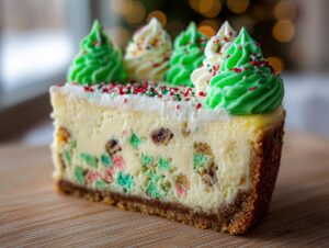 Close-up of a slice of christmas tree cheesecake featuring colorful mix-ins and green piped frosting trees.
