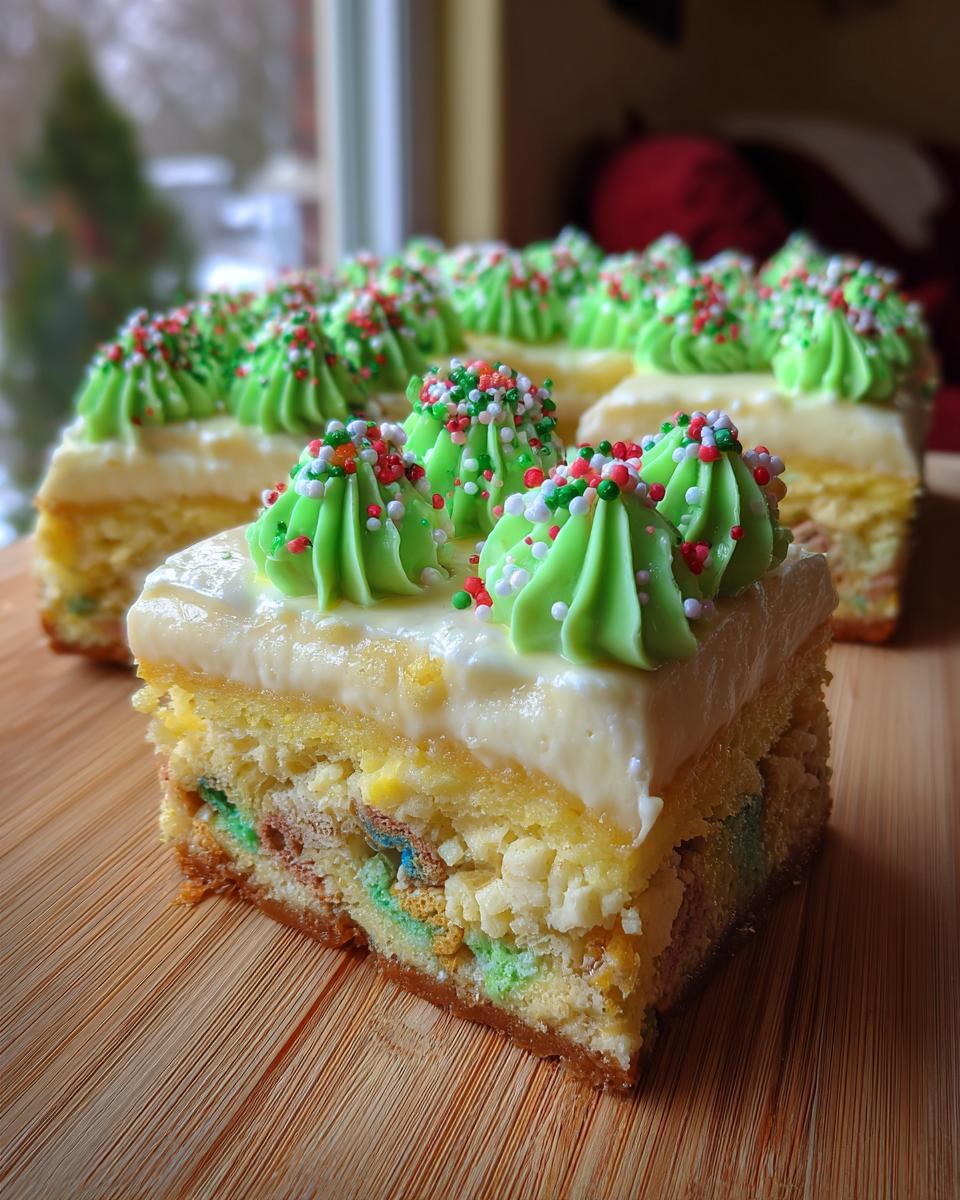 A close-up slice of christmas tree cheesecake featuring a dense yellow base, white frosting, and piped green frosting topped with holiday sprinkles.