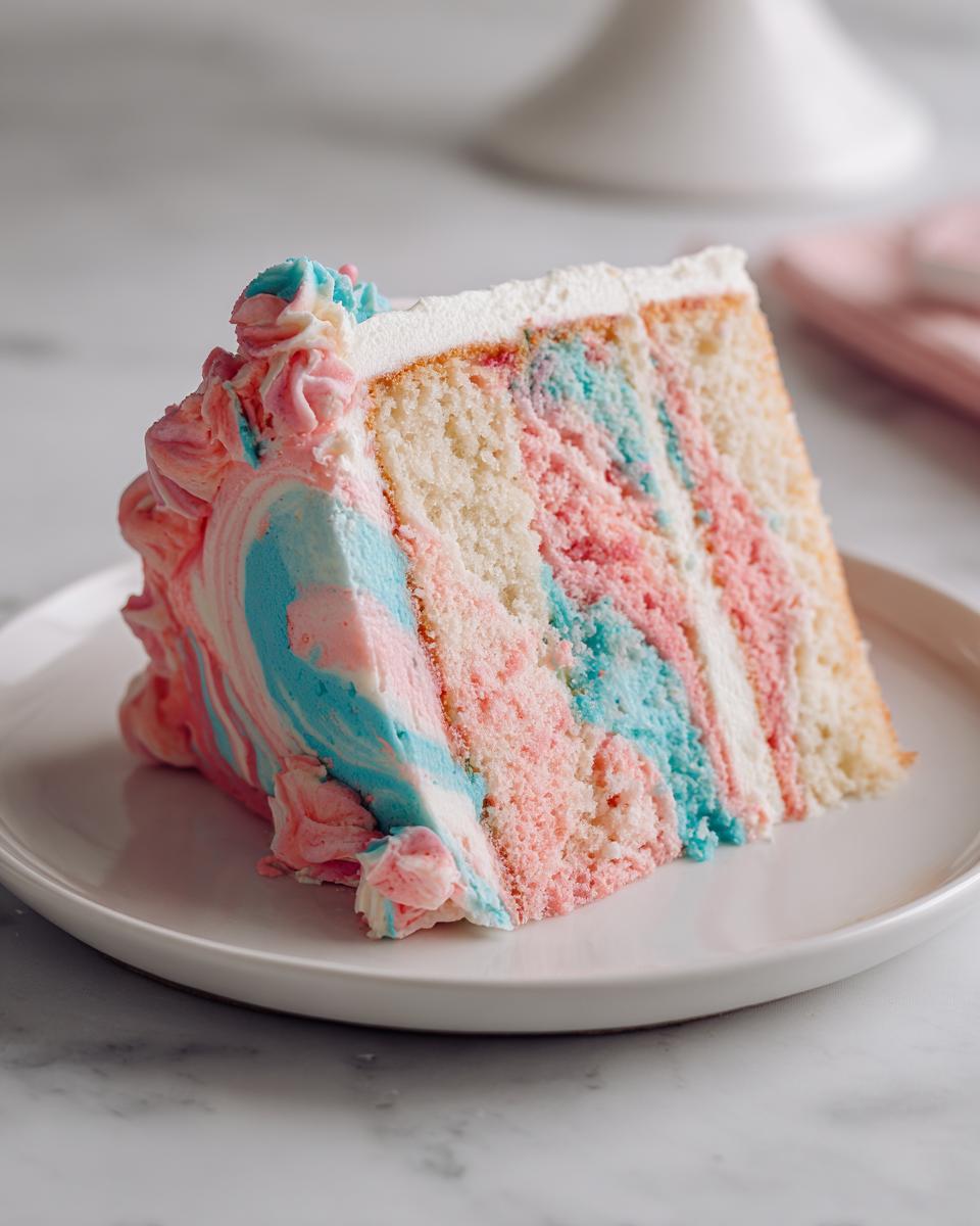 Close-up of a moist slice of cotton candy cake showing marbled pink and blue layers and swirled frosting.