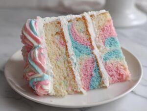A tall slice of cotton candy cake with marbled pink and blue layers, stacked with white frosting.