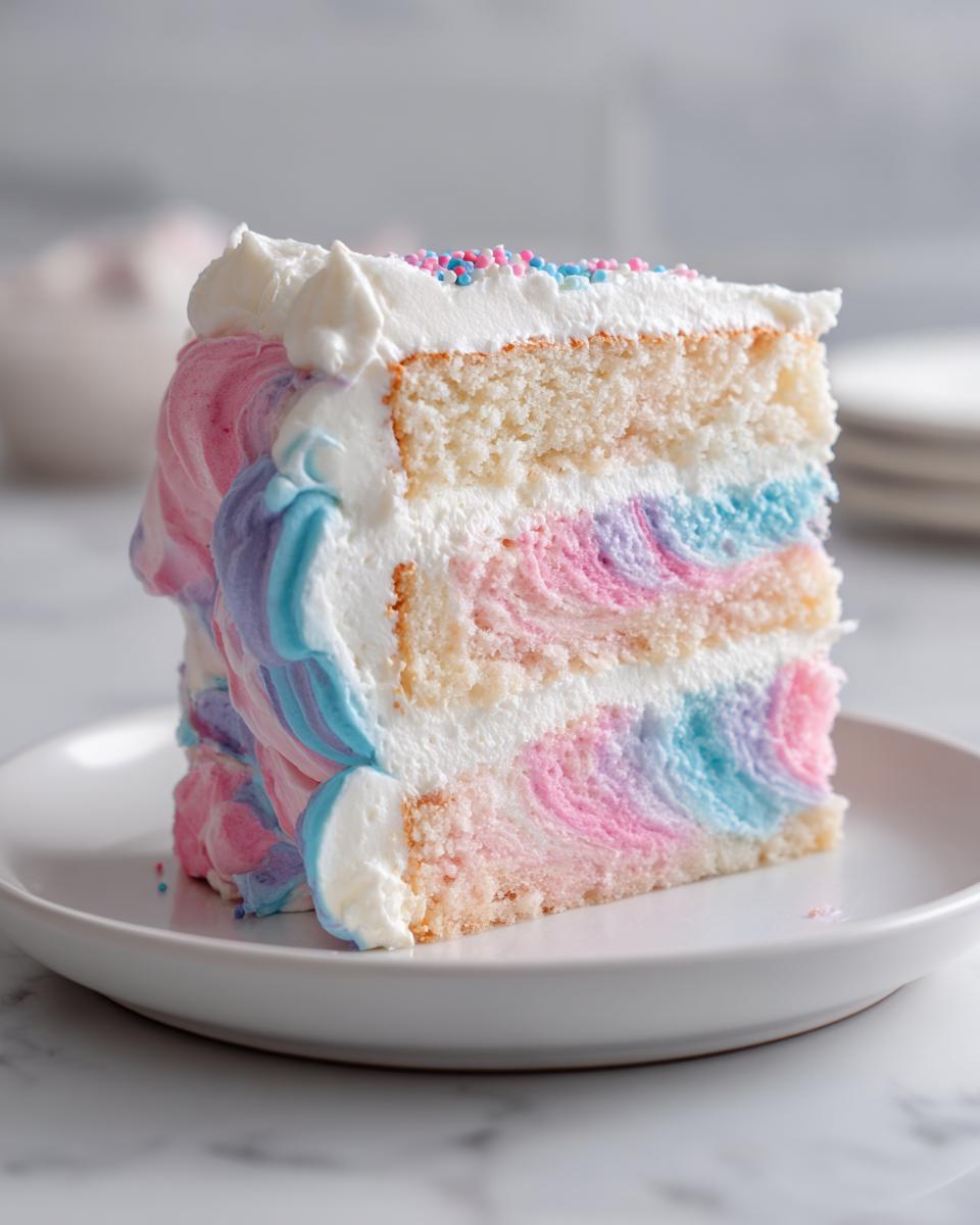 A tall slice of cotton candy cake showing colorful pink and blue swirled layers and white frosting.