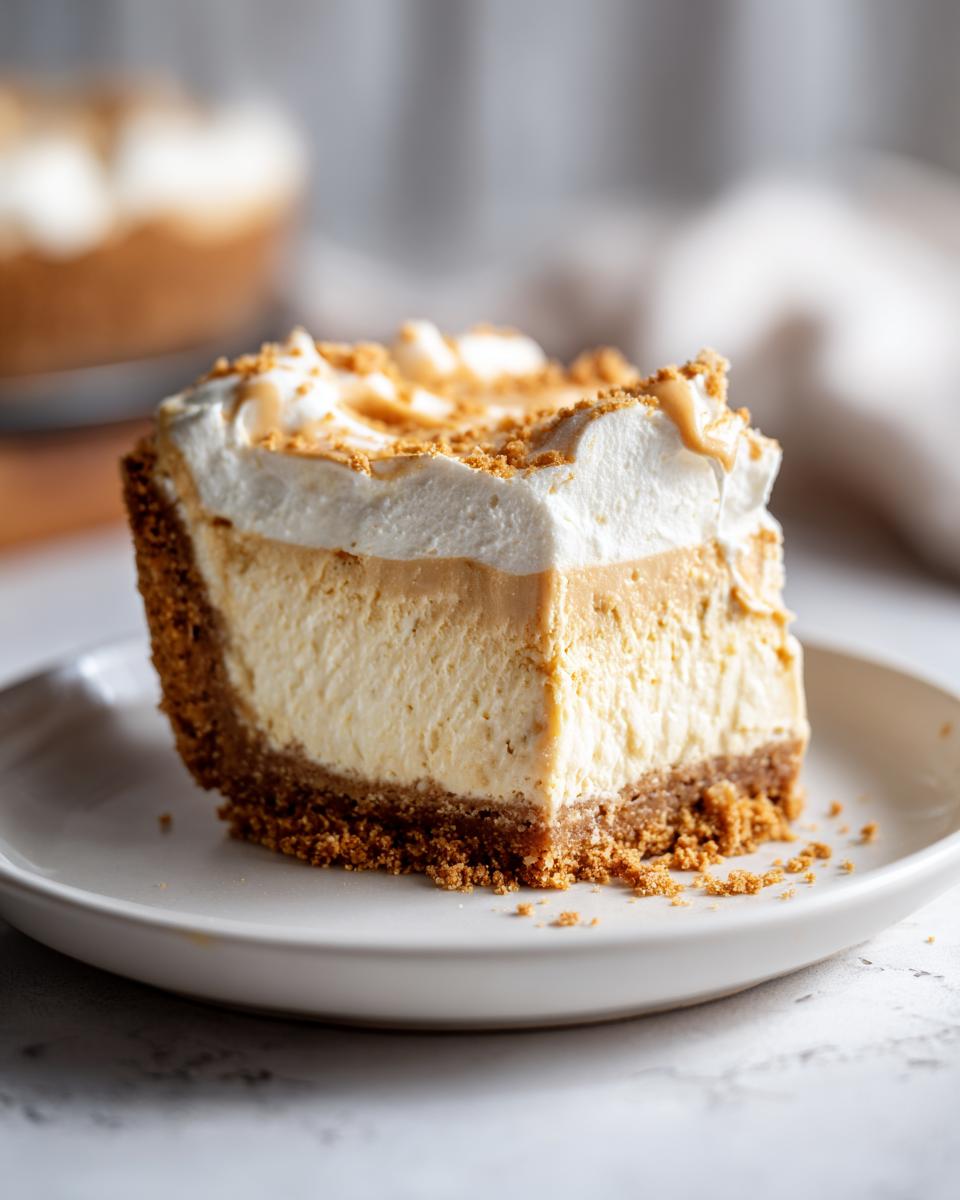 A close-up of a thick slice of no-bake peanut butter pie with a graham cracker crust and whipped topping.