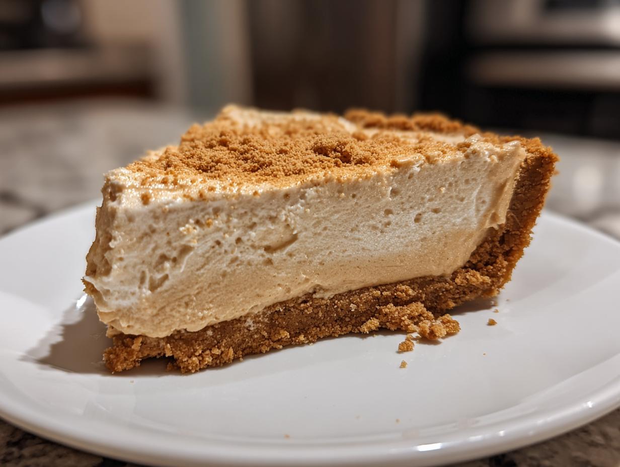 A close-up of a thick slice of creamy peanut butter pie with a graham cracker crust, topped with crumbs.
