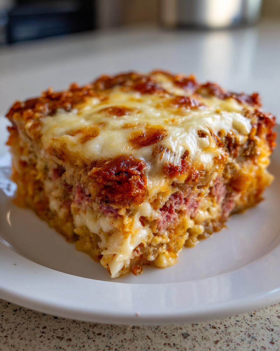A close-up of a square slice of homemade reuben bake, topped with melted, browned cheese.