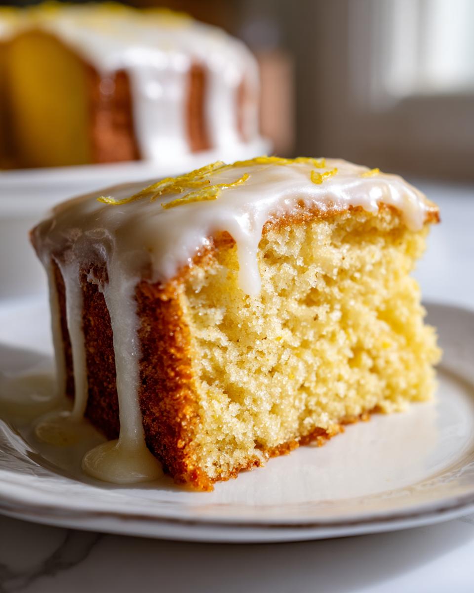 A close-up slice of moist lemon cake recipe topped with thick white lemon glaze and zest.