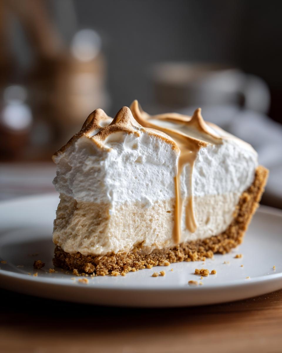 A decadent slice of peanut butter pie with a graham cracker crust, creamy filling, and toasted meringue topping.