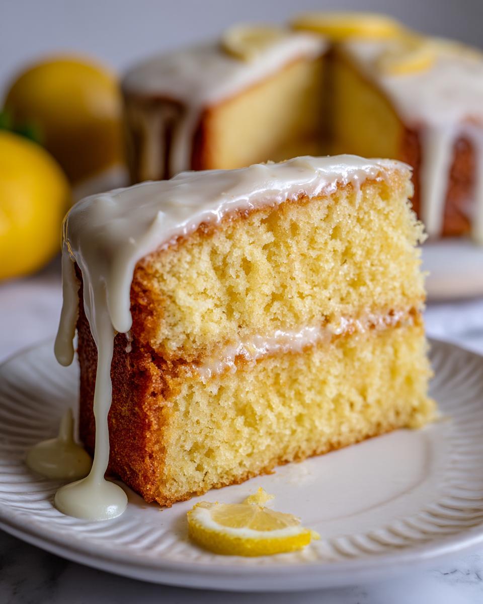 A close-up of a thick slice of moist lemon cake recipe topped with thick white icing dripping down the side.