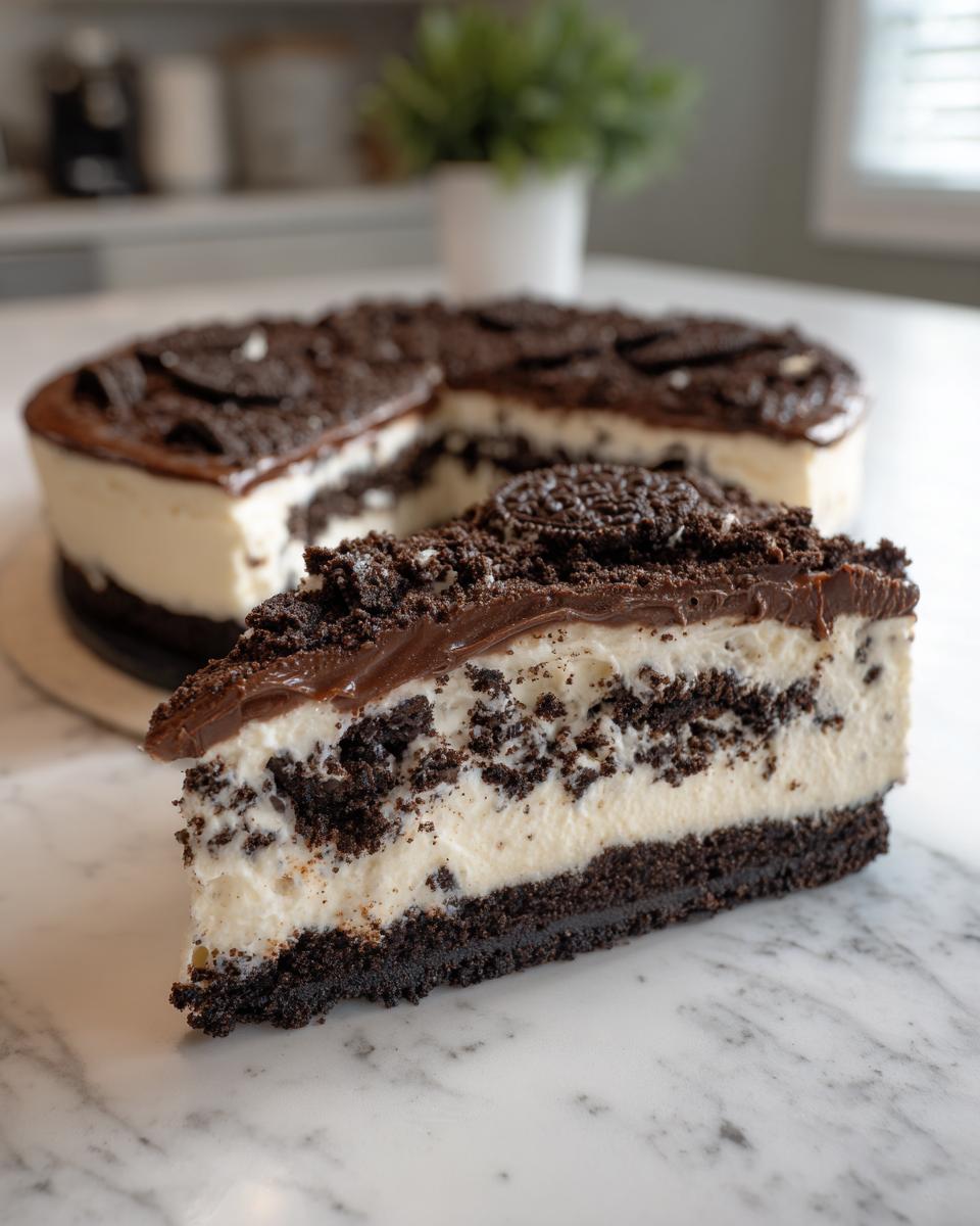 A perfect slice of 4-layer dirt cake showing creamy filling and Oreo crust, with the rest of the dirt cake in the background.